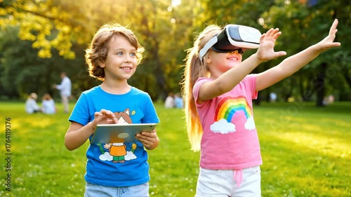 Children Enjoying Virtual Reality Outdoors in a Sunny Park Setting
