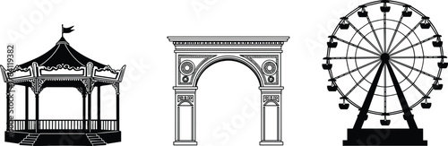 Vintage ferris wheel, classical arch monument, retro gazebo pavilion, black silhouette vector illustration, architectural and amusement park landmark design elements
