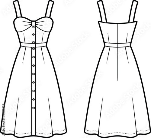 Women’s sleeveless dress technical flat, sweetheart neckline fashion sketch, bow detail, button‑down front, waistband design, front and back illustration