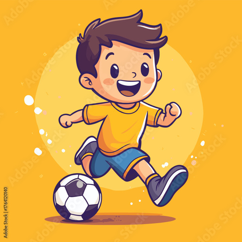 Boy cheerfully running and kicking a soccer ball in a minimalist illustration   , vector style simple color