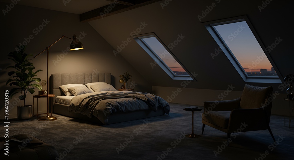 Fototapeta premium Warm light illuminates a modern bedroom in an attic apartment at nightfall hour.
