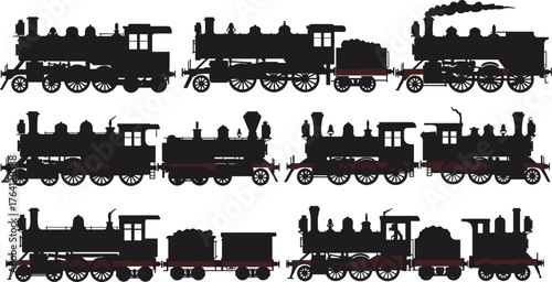 Vintage steam locomotive train silhouette collection, old retro railway engine illustration, classic transportation and industrial history vector design for print