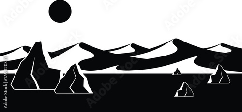 Black and white desert landscape with dunes and moon vector art