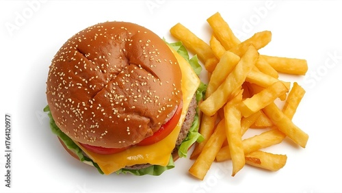 Top view of juicy gourmet burger with melted cheese, lettuce, tomato, sesame bun, crisp fries on side, on white background, high-resolution, isolated, vibrant food photography.
