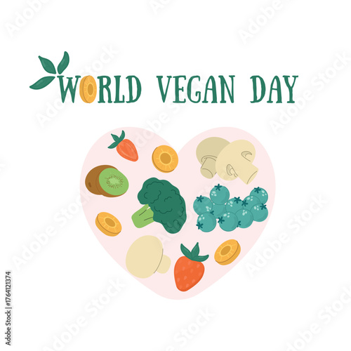 World Vegan Day Celebration with Fresh Fruits and Vegetables in Heart Shape