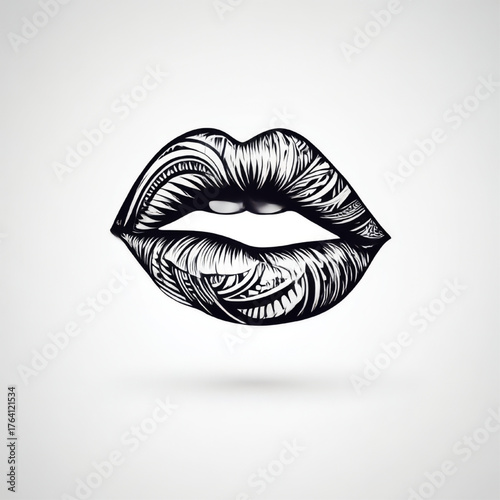 Female lips with tribal patterns, artistic black and white illustration, representing fashion and beauty