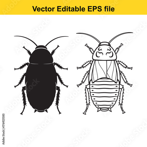 Vector art of two cockroaches, one black silhouette and one detailed line drawing