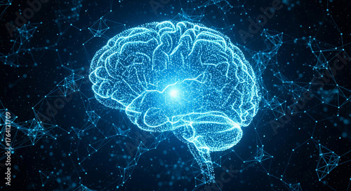 Abstract digital brain made of glowing blue light particles, neural connections spreading in dark space
