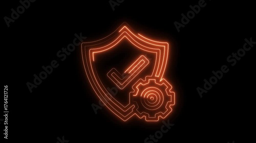 Cyber security shield and gear icon glowing neon light on black background animation