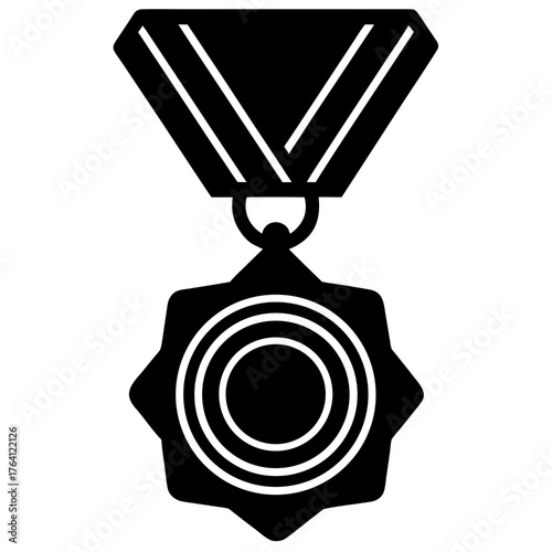 Illustration of a black medal with a ribbon, symbolizing achievement, honor, and recognition