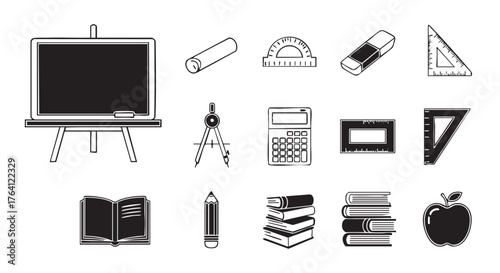 School and Education Black and White Icon Set Line Art Illustration