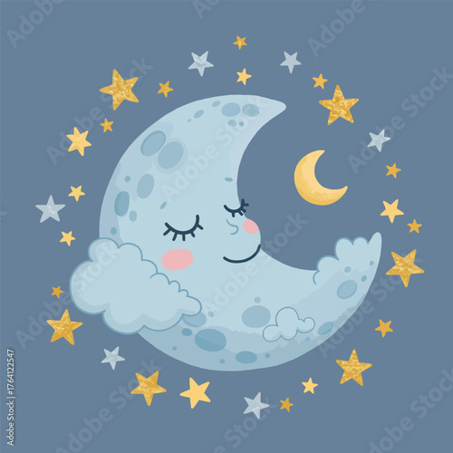 Dreamy Crescent Moon with Stars and Cloud Illustration.
