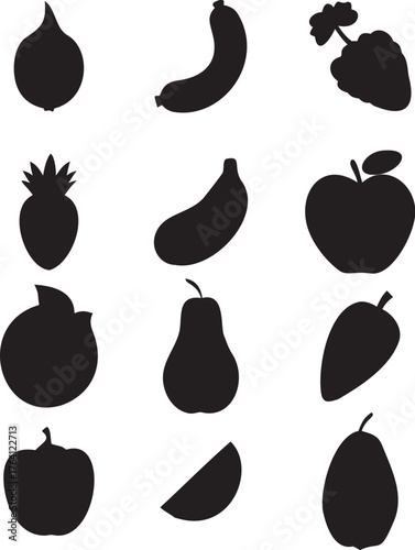 A vector set of fruit and vegetable icons including apple, lemon, cherry, and banana for healthy food design