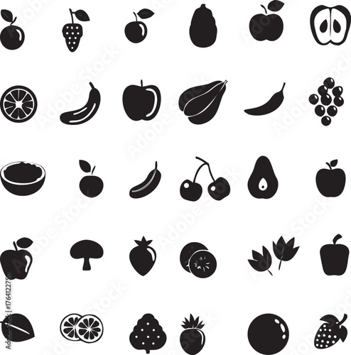 Stock image set of fruits and berries with icon illustration vector symbols of apple, banana, lemon, strawberry, and cherry