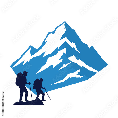 Two hikers with backpacks and trekking poles ascend a snowy blue mountain peak.