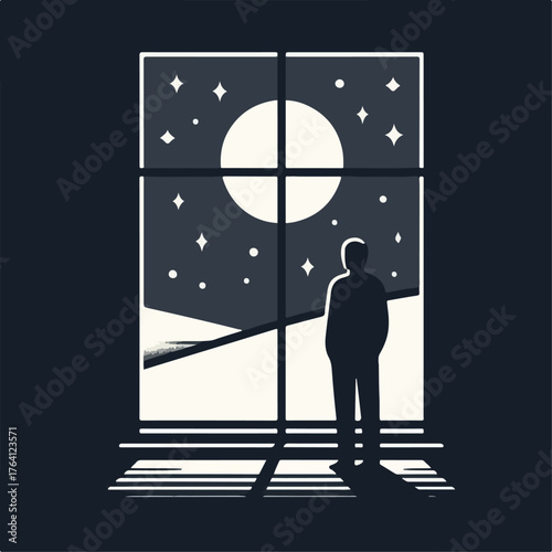 Illustration of a person's shadow contemplating in a window