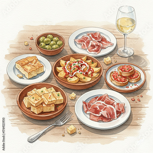 A lively yet soft watercolor illustration of a tapas spread arranged on small ceramic plates 
