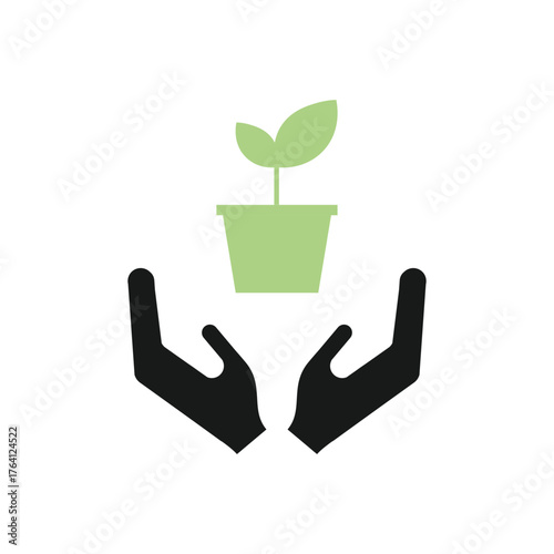 A pair of hands holding a sprouting plant, symbolizing eco care and sustainable growth. Green Energy Illustration.
