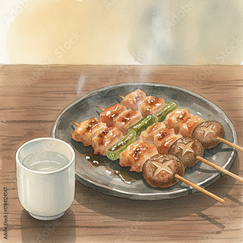 A warm watercolor illustration of yakitori skewers on a ceramic plate. T