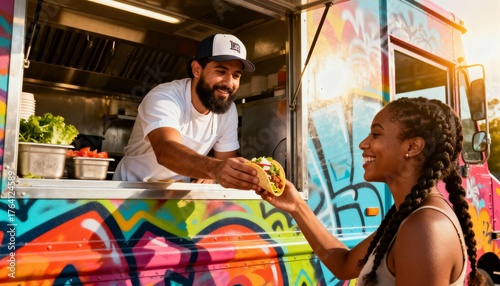 Colorful Food Truck Vendor Serving Tacos to Customer Outdoor