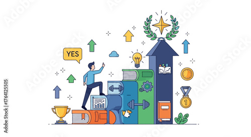 Step-by-step guide to success through education and learning, a flat design concept of career advancement and achievement