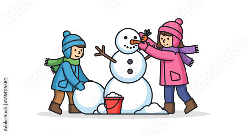 Happy children building a traditional snowman with carrot nose and stick arms, celebrating festive outdoor winter playtime