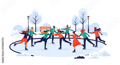 Joyful Group of Friends Ice Skating in a Snowy Winter Park, Embracing Outdoor Leisure and Festive Celebrations