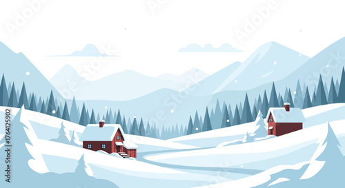 Serene winter landscape with snow-covered houses and pine trees nestled in a valley
