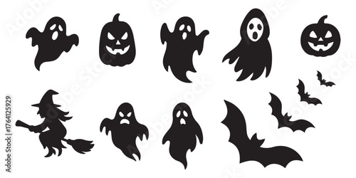 Spooky Halloween icon collection featuring pumpkins, ghosts, bats, and skulls in modern flat design. Perfect for party invites, posters, web, and seasonal decorations. Vector illustration. EPS 10