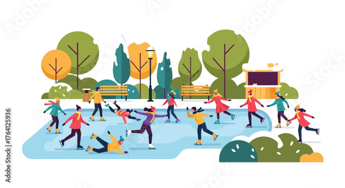 Joyful Winter Skating Scene People Enjoying Ice Rink Fun in a Snowy Park Landscape with Trees and Benches