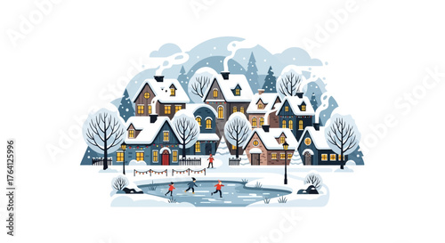 Idyllic Winter Village Scene Illustration with Happy Ice Skaters on Frozen Pond, Snow-Dusted Houses, and Cozy Smoke from Chimneys