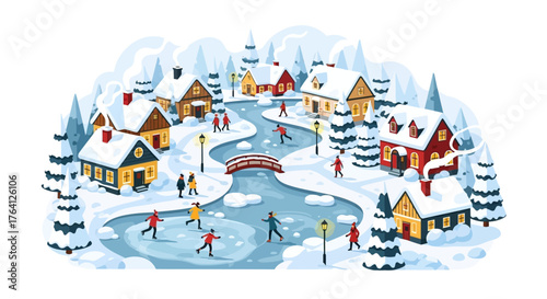 Charming Winter Village Scene with People Ice Skating on a Frozen Pond Surrounded by Snow-Covered Houses and Trees