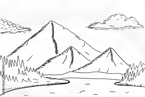 Black and white landscape sketch with mountains, clouds, calm lake, and simple trees drawn in hand-sketched lines, minimalist nature scenery illustration