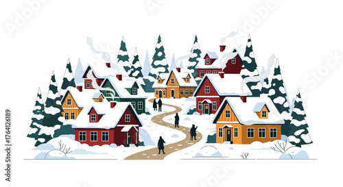 Charming holiday village in a snowy forest with colorful scandinavian houses and smoke from chimneys