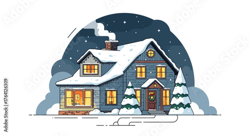 Cozy winter house illustration with snow falling on a festive Christmas night scene with warm lights