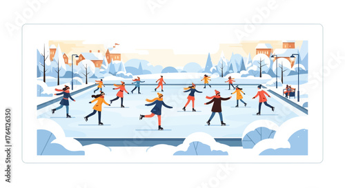 Vector illustration of a festive winter scene with people enjoying outdoor ice skating in a snowy park