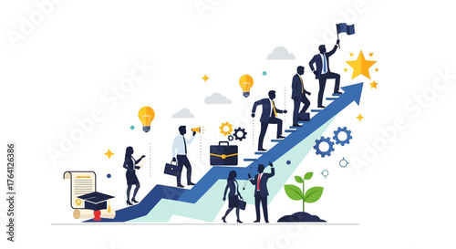 Business growth and career progression visualized as a journey up an upward trending arrow