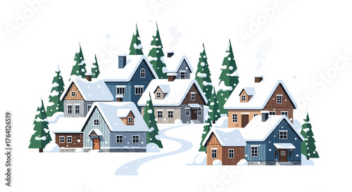 Charming winter village scene with cozy snow-covered houses nestled among evergreen trees, evoking a tranquil and festive holiday spirit