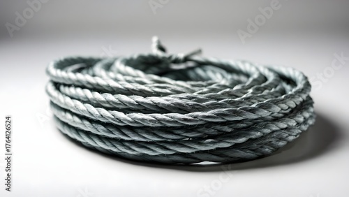 Twisted Rope Coiled Neatly on a White Surface, Showcasing Texture and Details