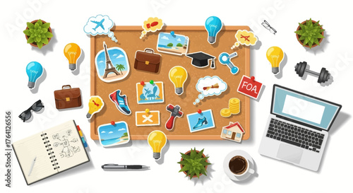 Top view of a workspace with a bulletin board for planning travel, education, and career goals