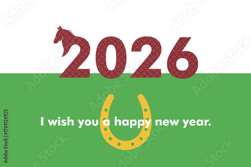 馬と一体化した2026年のロゴと幸運の蹄鉄をモチーフにした馬の年賀状デザイン午年　横型