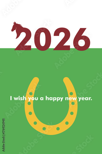 馬と一体化した2026年のロゴと幸運の蹄鉄をモチーフにした馬の年賀状デザイン午年　縦型