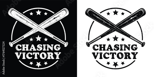 Vintage baseball bats crossed with the text chasing victory and stars, symbolizing competition and the pursuit of success in sports