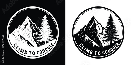 Mountain peak with trees and the text climb to conquer, isolated on white background