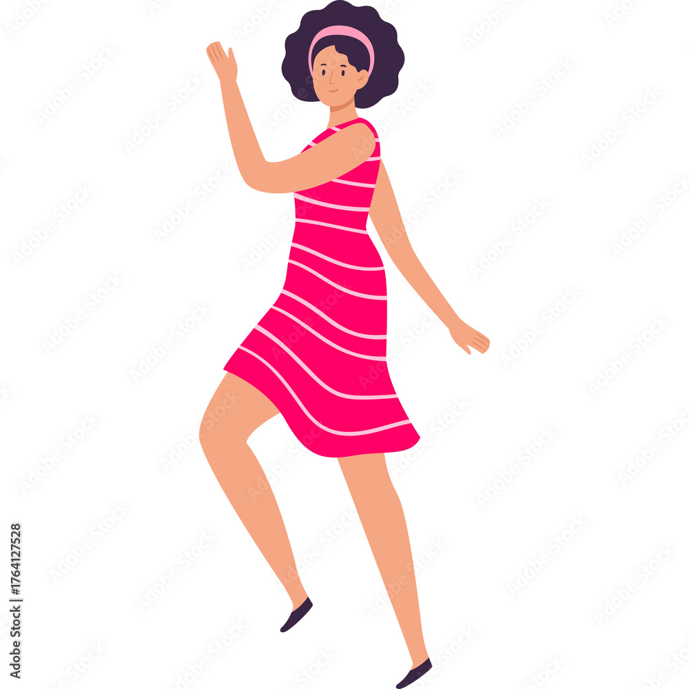 Fototapeta premium Young Woman Dancing Joyfully Wearing a Pink Striped Dress and Black Shoes on a Transparent Background