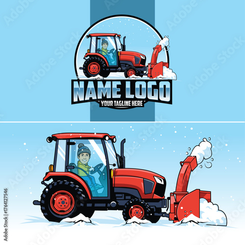 Truck snow plowing badge logo template. Snow removal services company logo design template. Vector illustration of snow blower