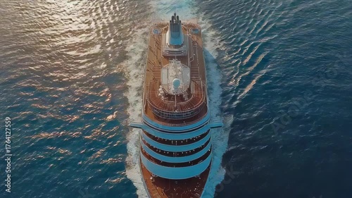 Cruise ship glides on water, wake trailing behind