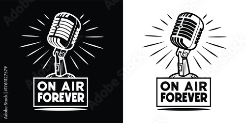 Vintage microphone with radiating lines and text on on air forever in a box on black and white backgrounds, isolated on white background