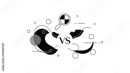 Abstract illustration of two opposing shapes black and white with geometric elements representing comparison or competition