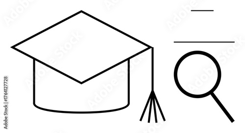 Graduation cap and magnifying glass symbolizing knowledge, academic search, and achieving goals. Ideal for education, research, success, learning, analysis discovery and career growth. Simple flat